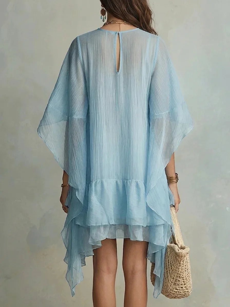 Elegant Solid Color Dress O Neck Loose Ruffled Asymmetrical Hem Flare Sleeve Dress Fashion Casual 2026 Summer Holiday Dresses
