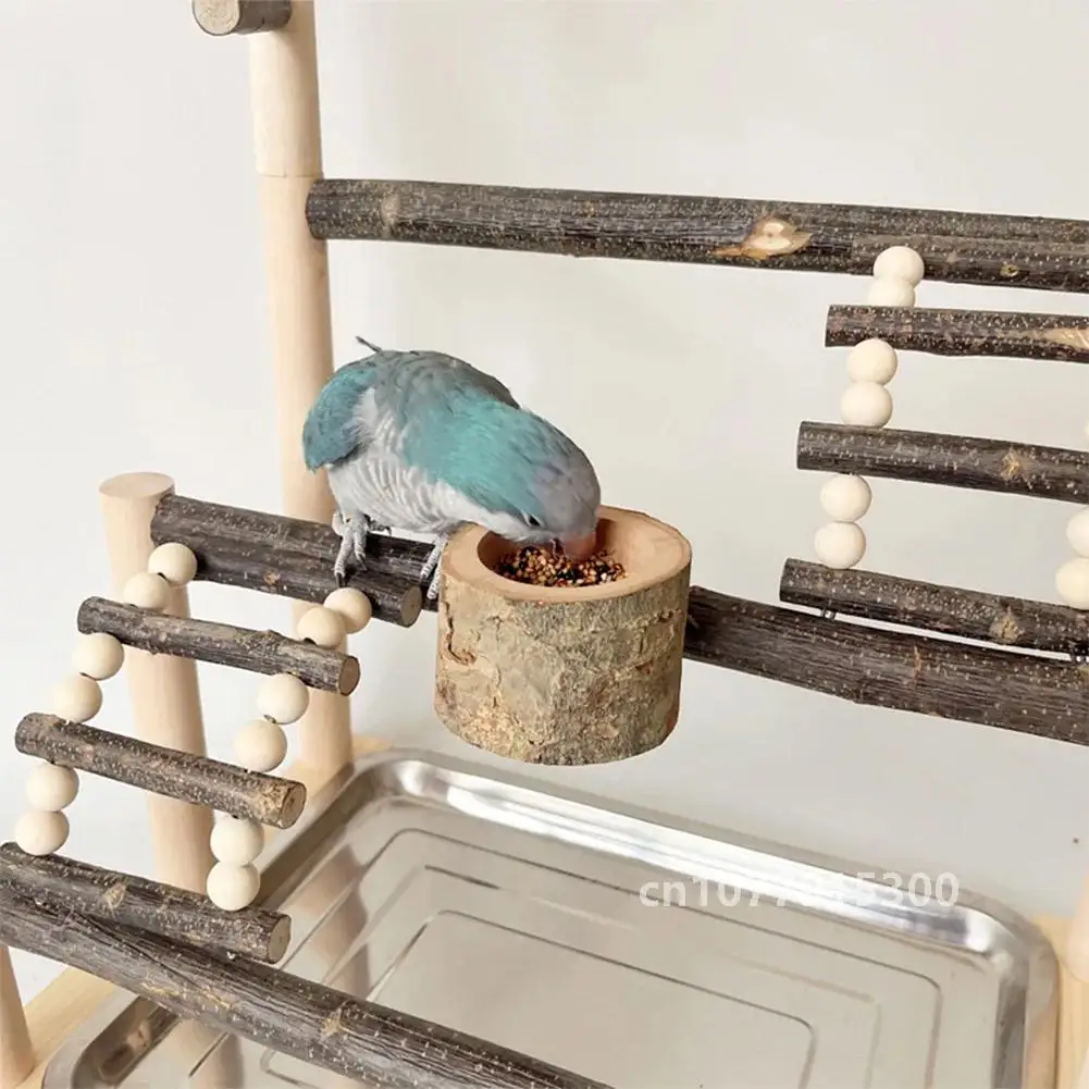 Bird Playground Parrot Natural Wood Perch Stand with Stainless Steel Tray Ladder Feeding Cup For Bird Supplies Accessories