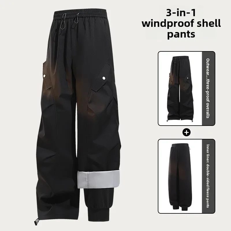 3-in-1 Fleece Lined Ski Pants Unisex Autumn Winter Windproof Waterproof Breathable Cold‑Resistant Hiking Climbing Pants Trousers