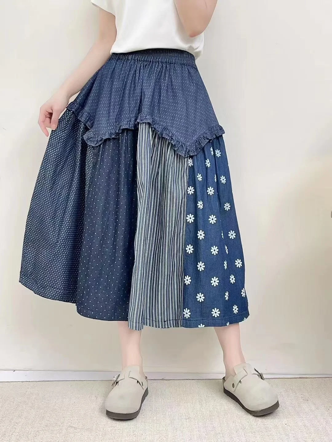 Harajuku Fashion Denim Long Skirts Women Spring  Autumn Japanese Style Long Floral Striped Patchwork Ruffled Jean Skirts