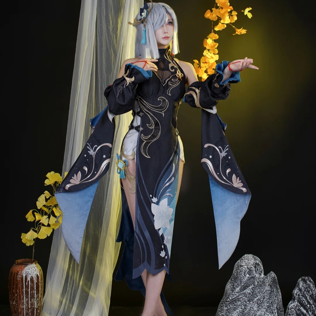 

Genshin Impact Shenhe Cosplay Frostflower Dew New Outfits Lantern Rite Costume Women Sexy High Slit Cheongsam Dress Uniform Suit