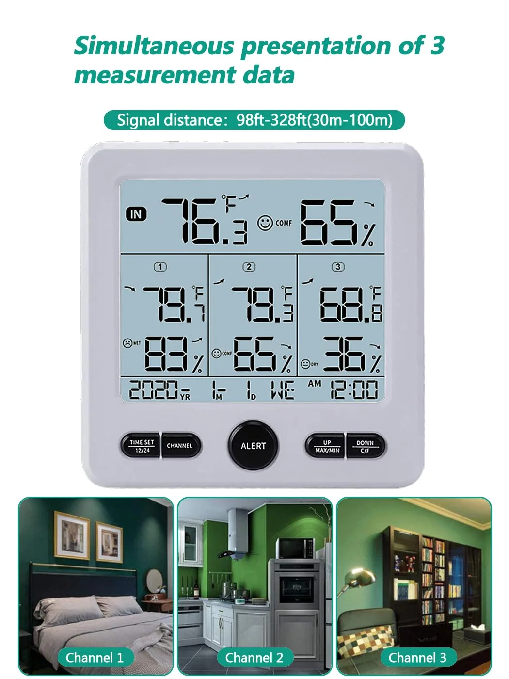 Indoor Outdoor Digital Thermometer Hygrometer with 3 Wireless Sensors, 4.7 Inch Display Temperature Humidity Monitor with 330FT