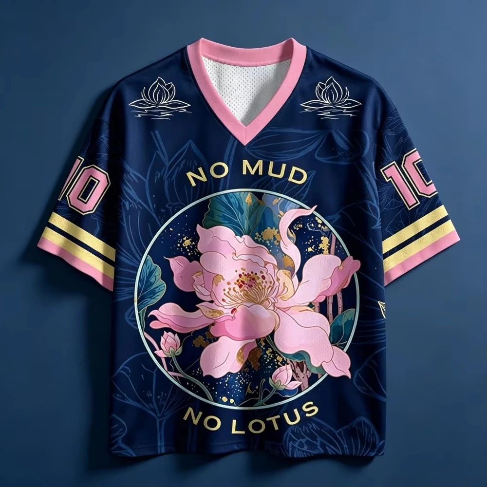 Peony Flower No Mud No Lotus Graphic Mesh Jersey V Neck Short Sleeve Loose Unisex Streetwear Sports Tee For Men Women