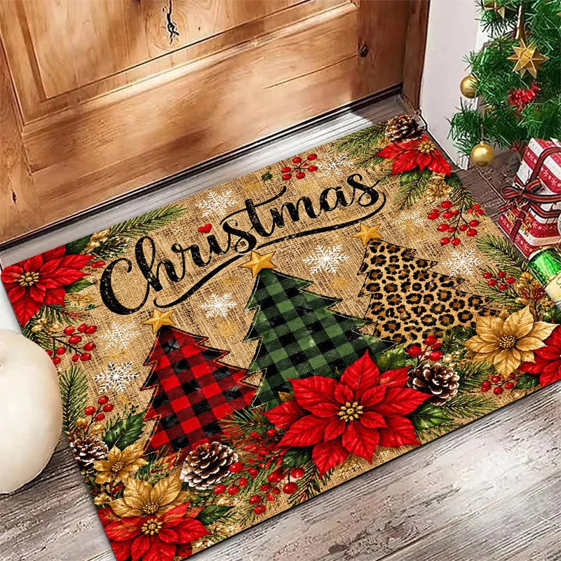 Snowy Forest Winter Scene Floor Rug Green Tree Print Non Slip Washable Carpet For Cold Season Home Entrance Decoration