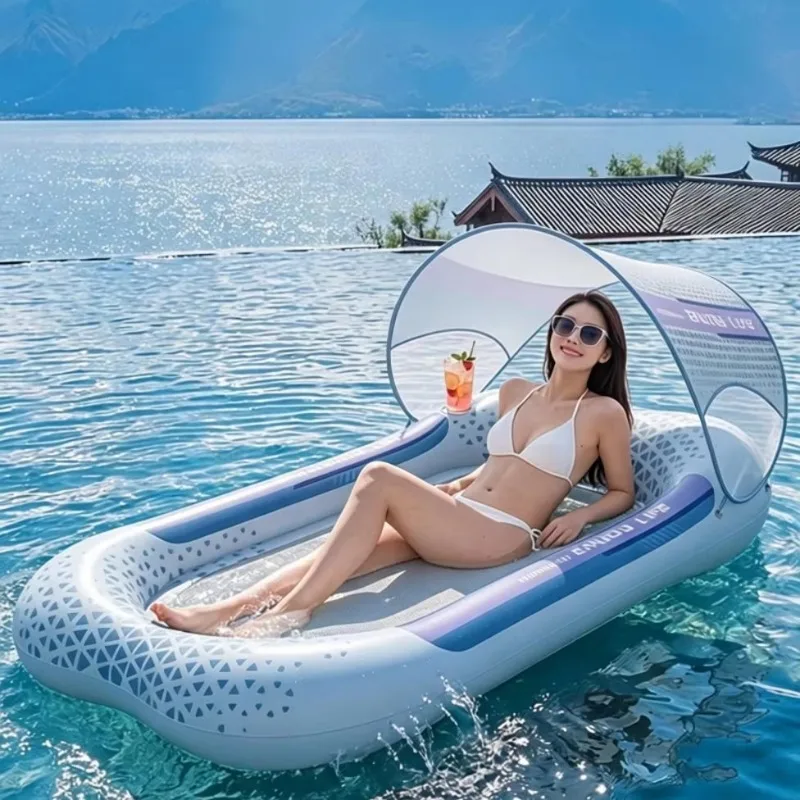 Portable Foldable Inflatable Water Floating Bed With Canopy Large Pool Float Water Hammock Air Mattress for Pool Lake Vacation