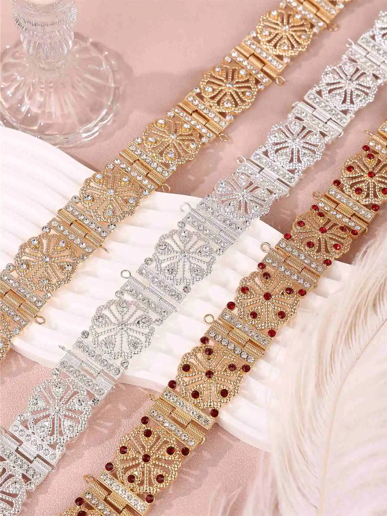 Luxurious Rhinestone alloy metal belt with detachable and adjustable accessories, worn by the bride