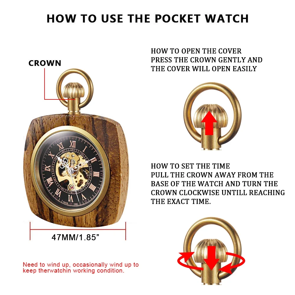 Creative Square Wood Pocket Watches Mechanical For Men Women Vintage Hand Wind Fob Watch 80cm Chain Art Collection