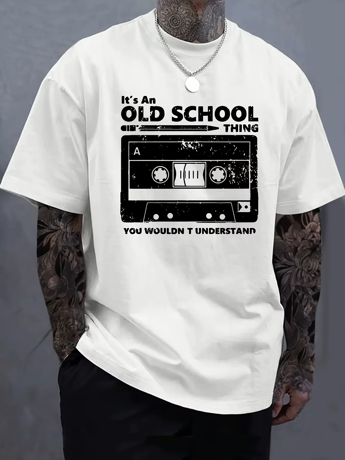 White Tee with Old School Cassette Graphic 100_ Cotton Mens T Shirt Pairs Well with Any Casual