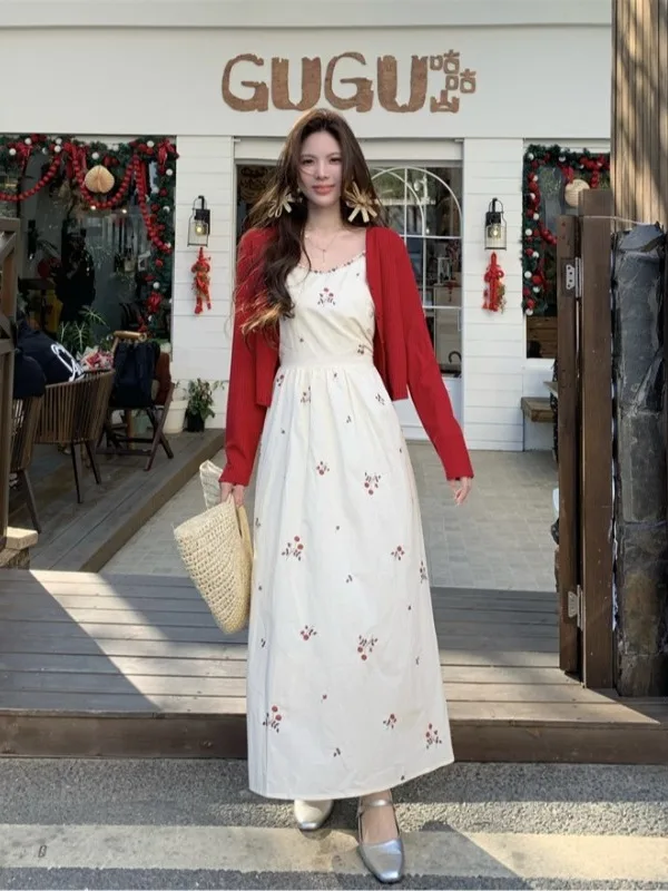 

plus Size Women's Floral Embroidery Halter Dress Summer New Style Waist Cinching Meat Concealing Long Skirt Commute Korean Style