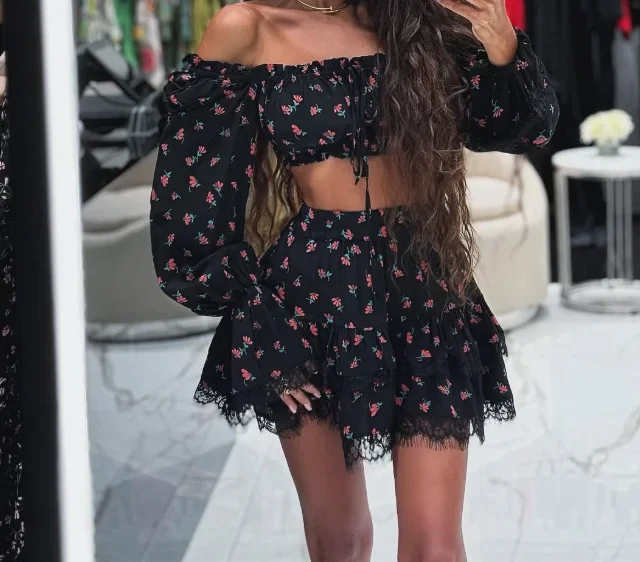 CPSYMYM Women 2025 Latest Hot Selling Style Elegant Sexy Sweet Lace Edge Printed Lantern Sleeves Skirt Set with Strapless Shirt