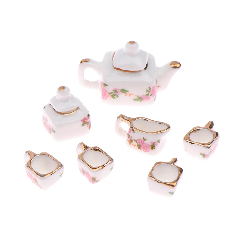 1Set 1:12 Dollhouse Miniature Ceramics Teapot Tea Set Mini Ceramic Kungfu Tea Set Kettle Cup Tableware Model Kitchen Decor Toys