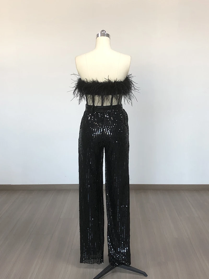 Pantalon de combinaison à sequins Cutaway avec poitrine et ourlet en peluche, initié et dos