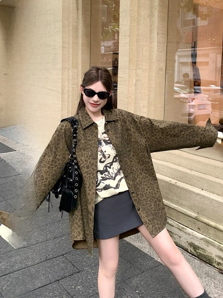 

Женская свободная повседневная кофта-рубашка Luu в стиле ретро с леопардовым принтом, из хлопка, с длинным рукавом, дышащая, в корейском стиле