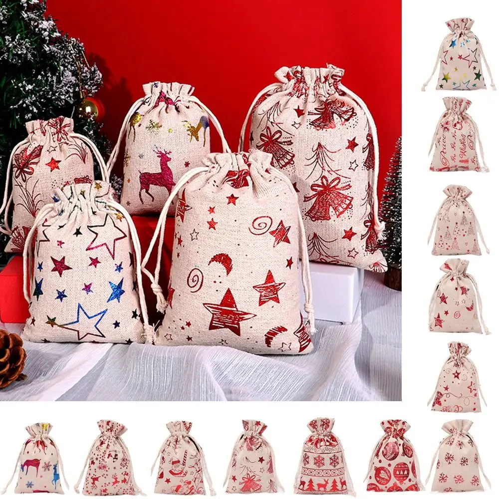 10Pcs Linen Christmas Candy Cotton Bag Hot Gold Santa Claus Christmas Bronzing Gift Bag Drawstring Snowflake Christmas Gift Bag