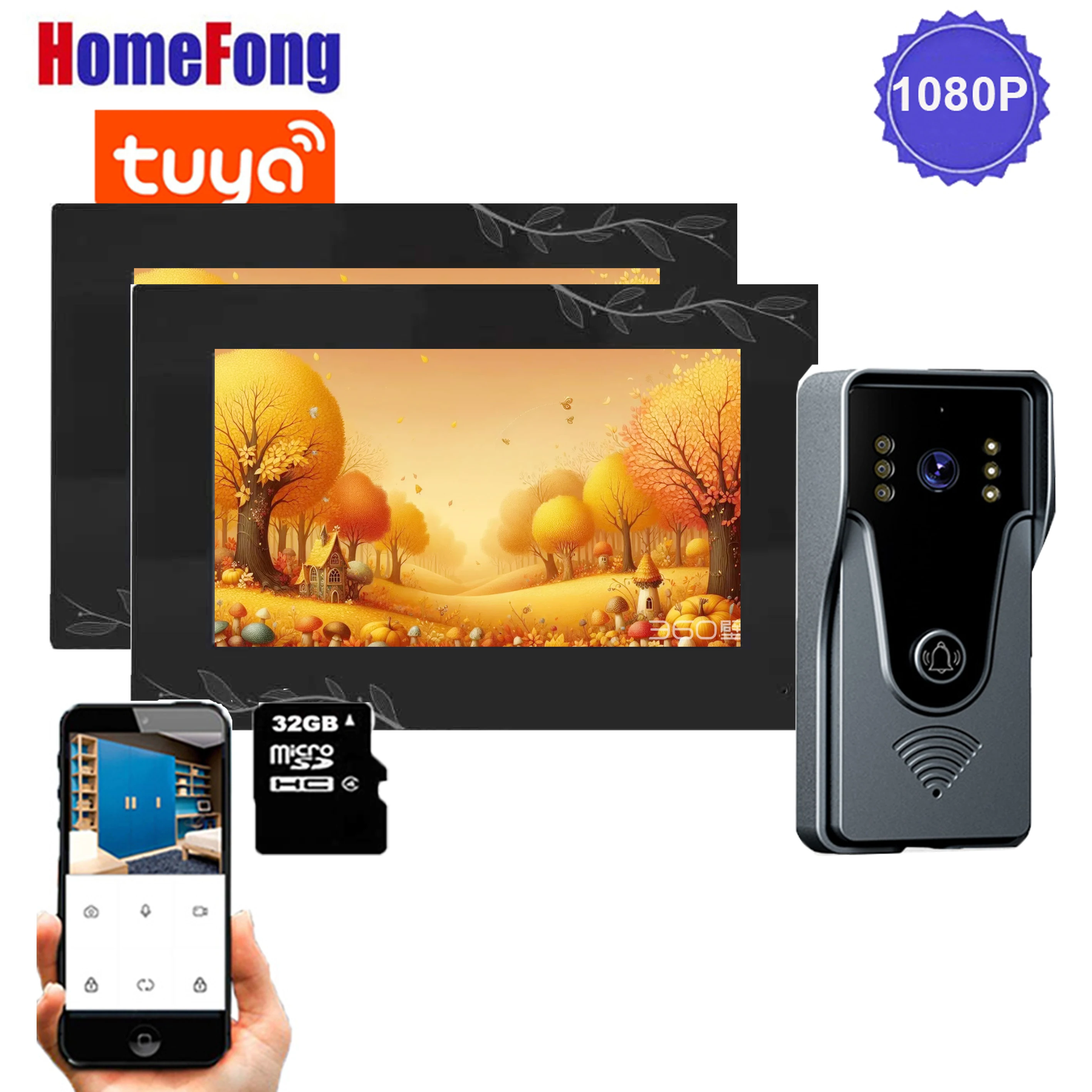 Homefong  7 inch Wifi Wireless Video Intercom Door Phone System Doorbell with Camera 2 Monitors  Tuya Smart 1080p IR Night Rain