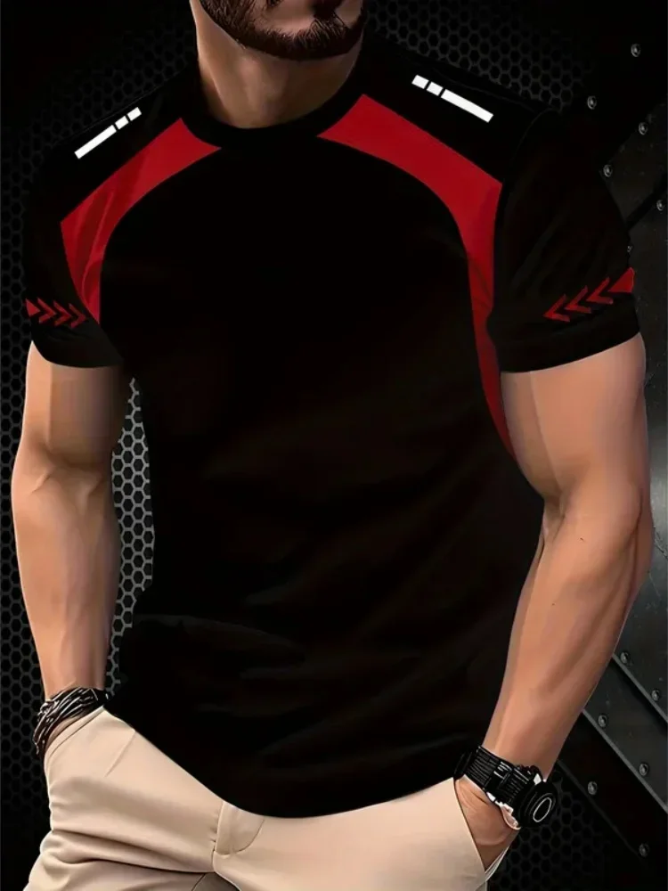 Fashion New Men's Color Block Print Short Sleeve T‑Shirt Simple Style Crew Neck Tees Casual Sport Workout Street Tops