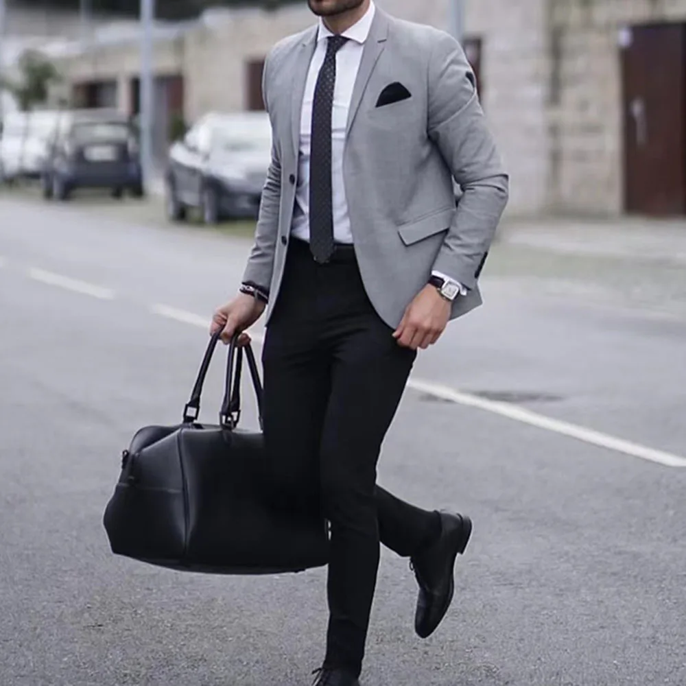 

Chic Men Suits Two Piece Notched Lapel Single Breasted Gray Blazer with Black Pants Fashion Daily Business Casual Male Suit