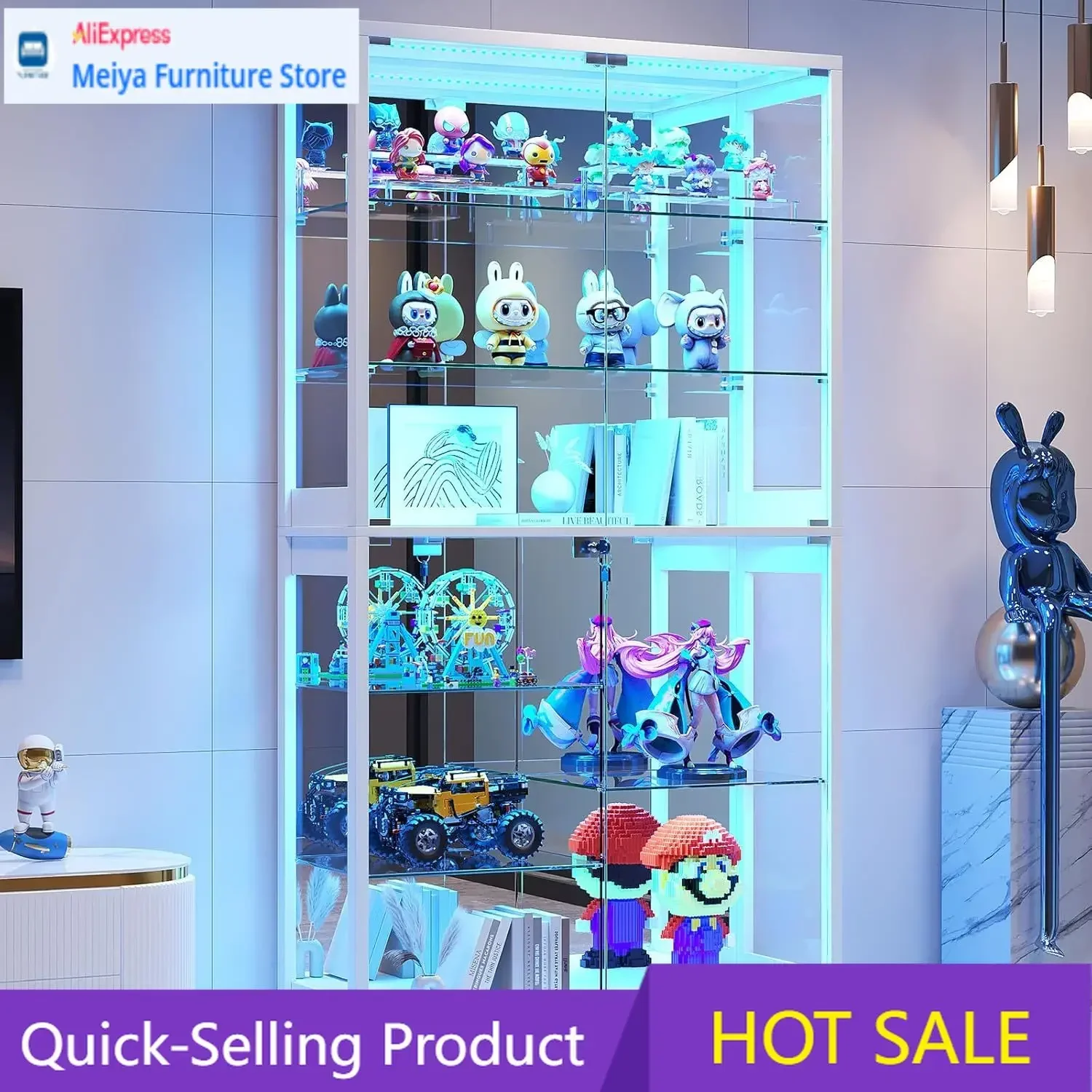73 Inch Tall White 8 Tier RGB Curio Cabinet Smart Human Induction Remote Control Lockable Glass Display Case For Collectibles Fi