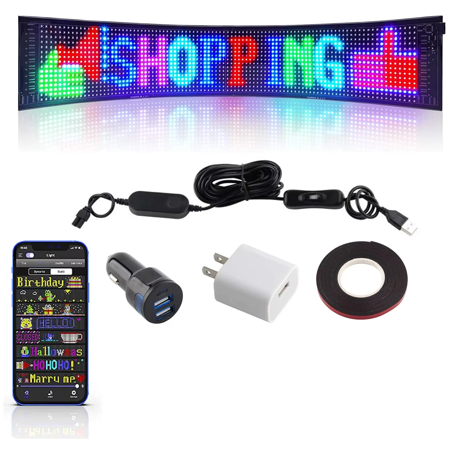 12x68cm Flexible LED Matrix Display - 16x96 RGB Pixels, IP65 Waterproof, App Control, USB/DC Powered for Creative Projects