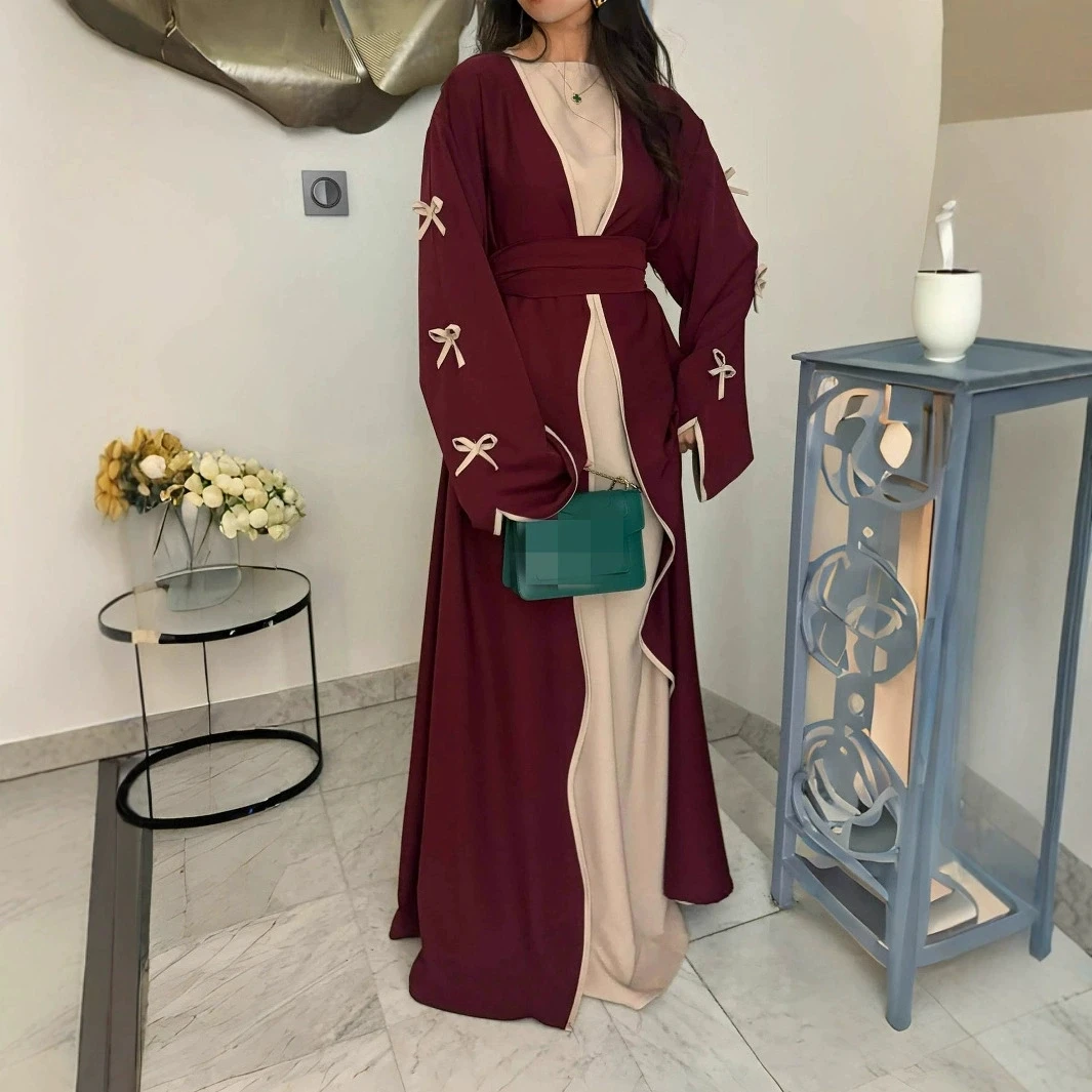 فستان عربي طويل للسيدات مع عقدة على شكل فيونكة، فستان خارجي ناعم ومريح بلون سادة مع حزام