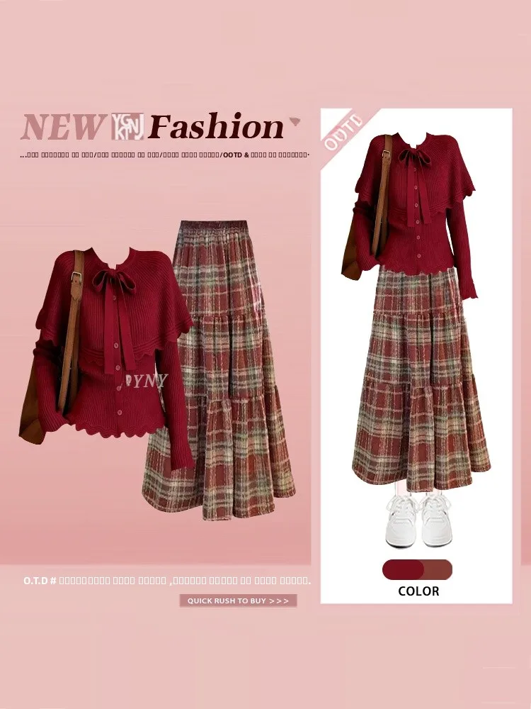 

Уникальный красный вязаный свитер и юбка в клетку: женский новогодний комплект из двух предметов с высокой талией, миди-юбка, создающая нежный образ