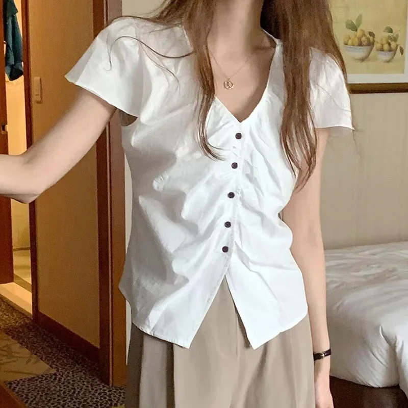 

2024 Summer New South Korea Dongdaemun Simple Retro Gentle Intellectual V-neck Single-breasted Shirt Women