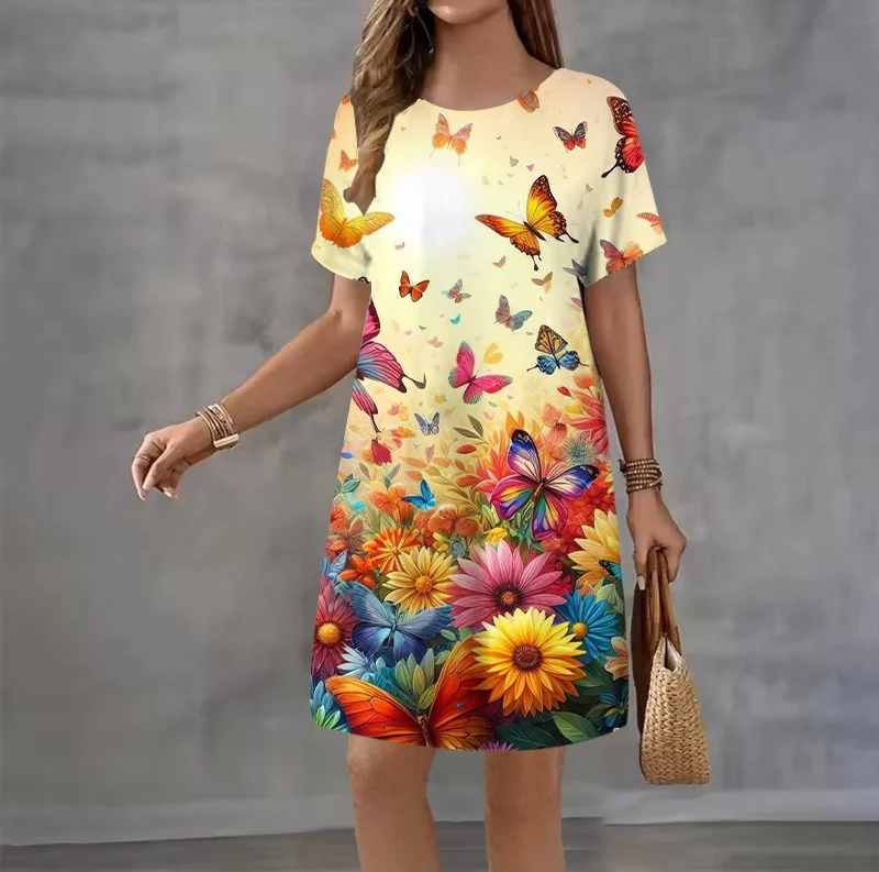 Summer women's short-sleeved 3D printed dress Elegant Sweet Colorful butterfly pattern Casual Women Dress