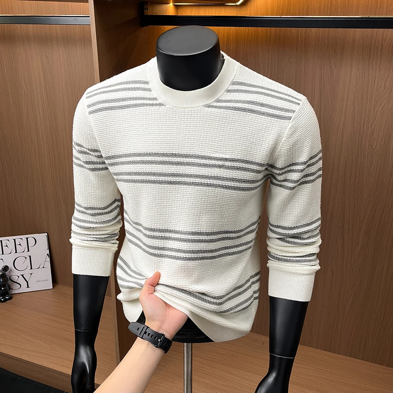 Trendy Wool Blend Jumper Men 2026 Autumn Fashion Patchwork Striped Sweater Long Sleeve Knitwear Pullover Knitting Clothes