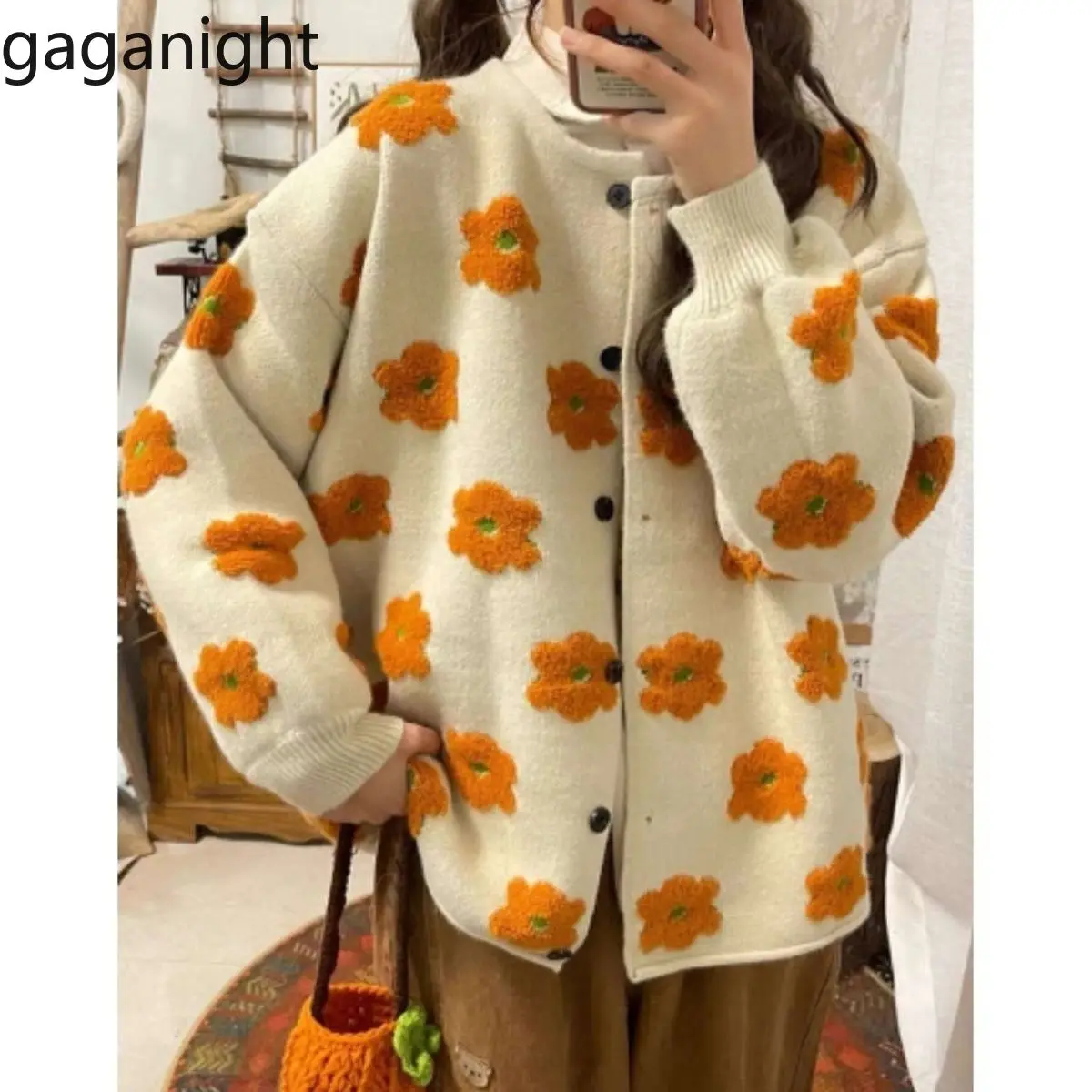 

Gaganight Women Homemade Japanese Sweet Three Dimensional Flower Sweater 2024 Autumn New French Soft Lazy Style Cardigan Jacket