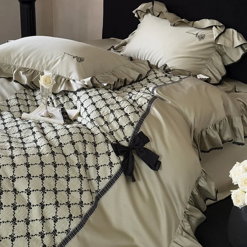 French retro four-piece three-dimensional bow quilt cover 100S nude cotton embroidered lace bedding