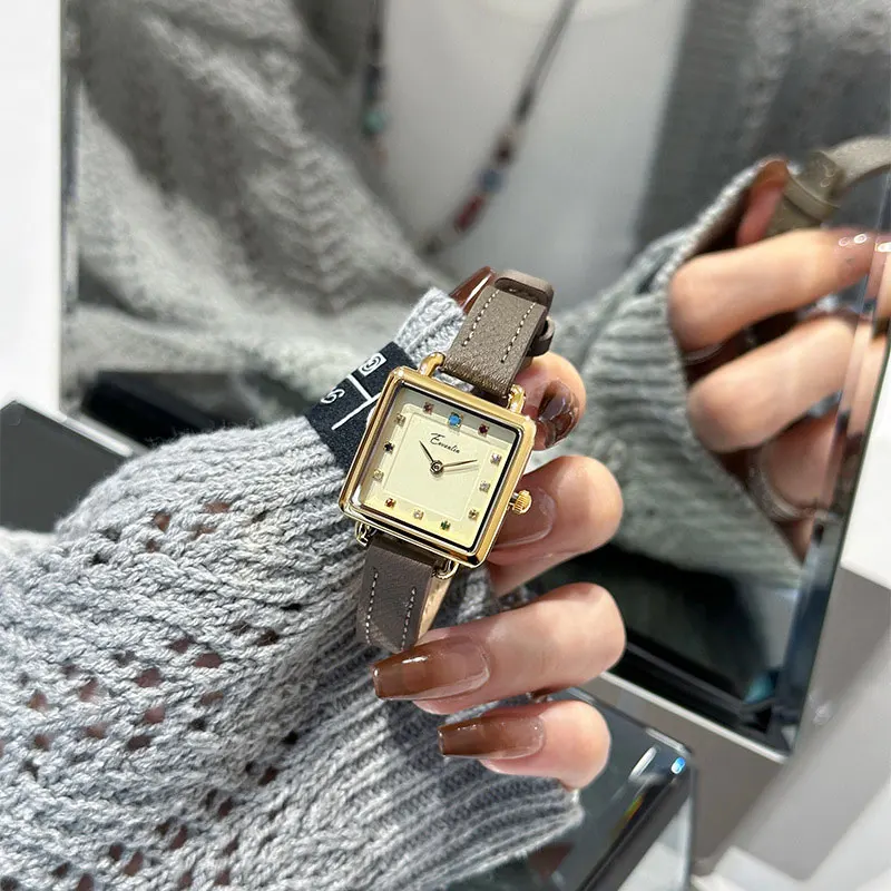 Vintage Colored Zircon Scale Square Dial Design Quartz Watch for Women Brown Strap Business Clock  Wrist Watch