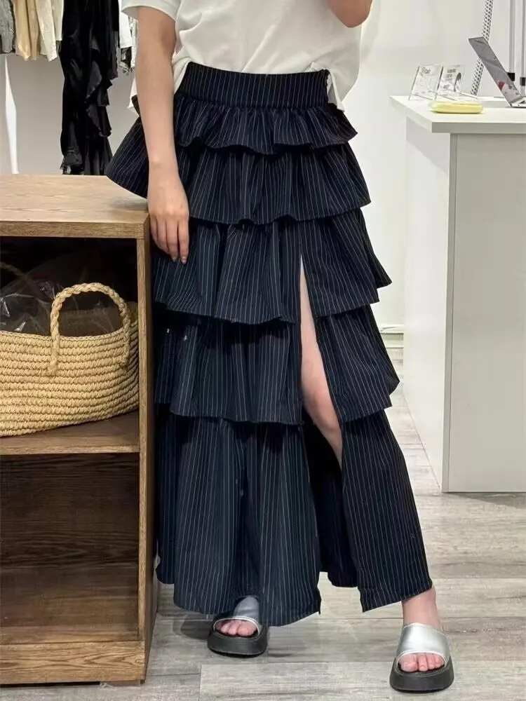 

Юбка-макси в вьетнамском стиле с вертикальными полосками, многослойная, с высокой талией, А-силуэт, с разрезом, в полоску, многоярусная