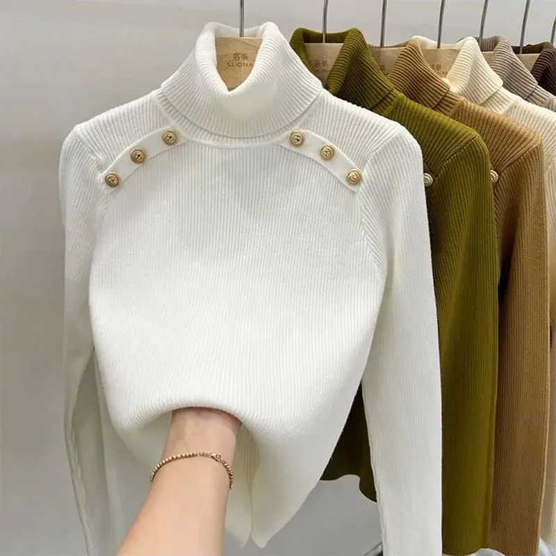 

Turtleneck Sweater Women 2025 New Autumn Winter Jumpers New Long Sleeved Knit Pullover Warm Button Slim Sweater Female Tops