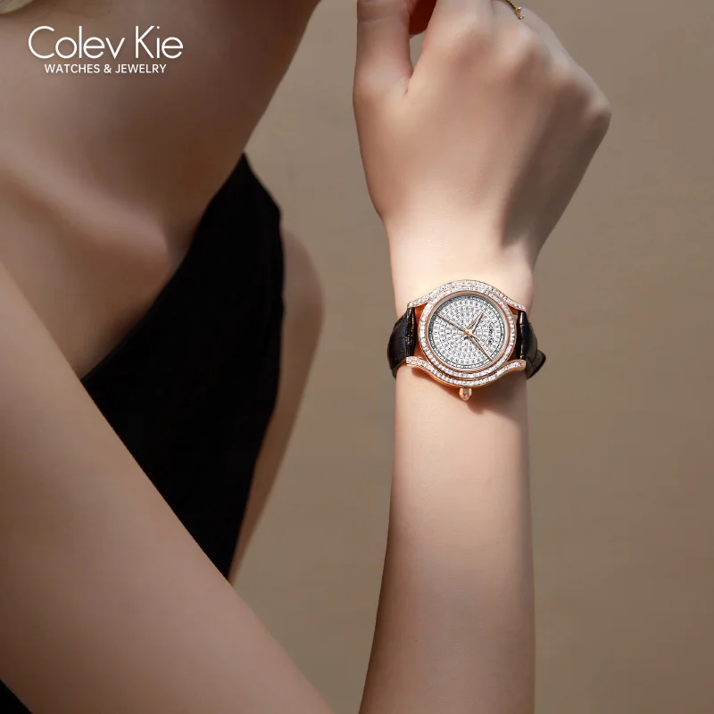 ColevKie-Relojes de pulsera con correa de cuero para mujer, reloj de cuarzo redondo con diamantes, conjuntos de regalo a la moda