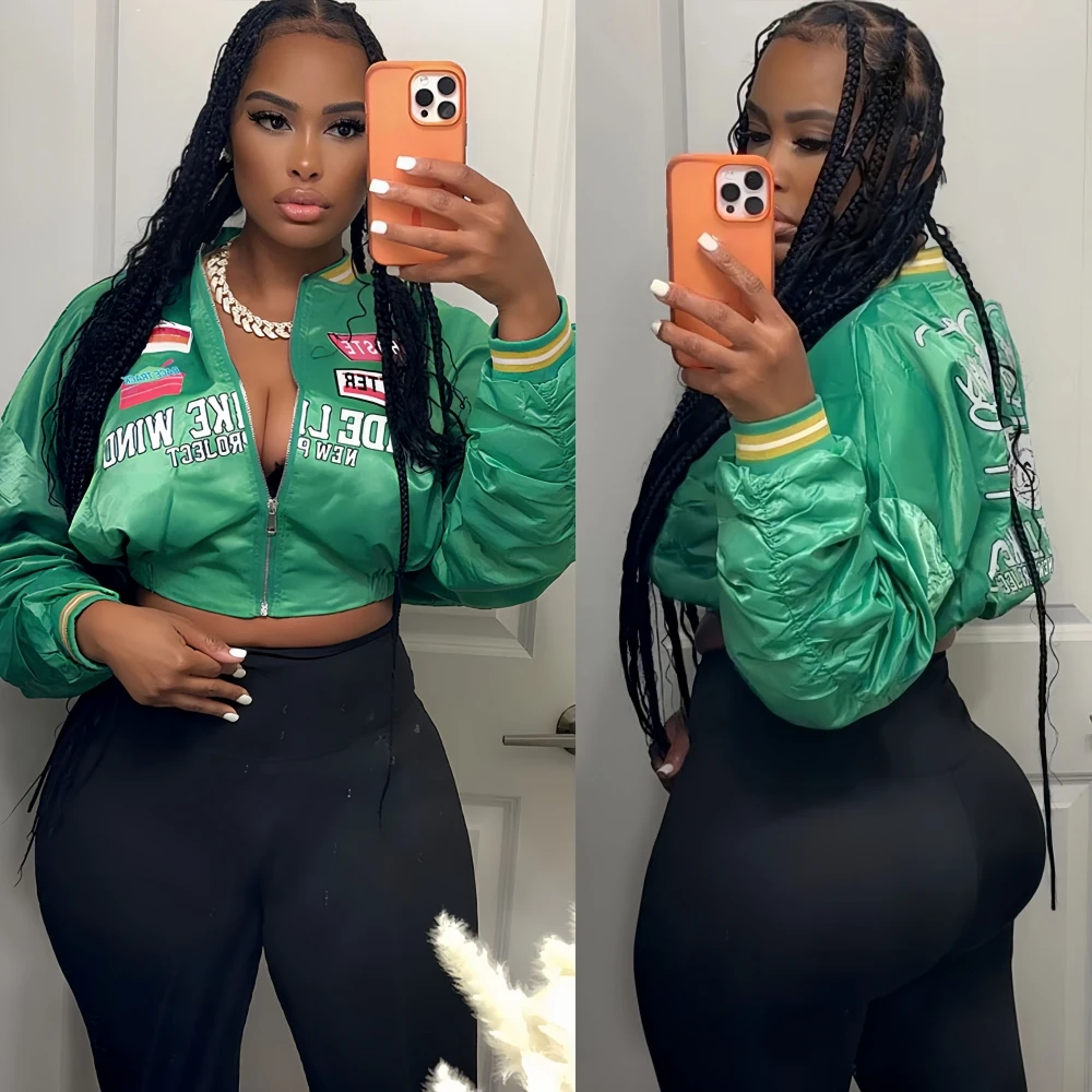 

FAGADOER Fashion Letter Print Jacket for Women Solid Color Long Sleeve Round Neck Coat Female Streetwear Clothing Autumn New