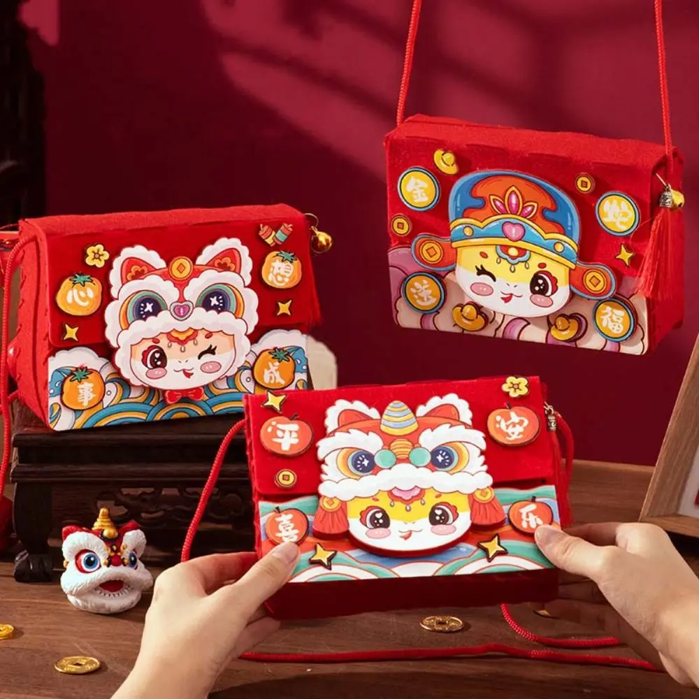 Bolsa de tecido não tecido diy com corda estilo chinês ano novo saco diy dos desenhos animados crianças artesanato brinquedo pacote de material do jardim de infância