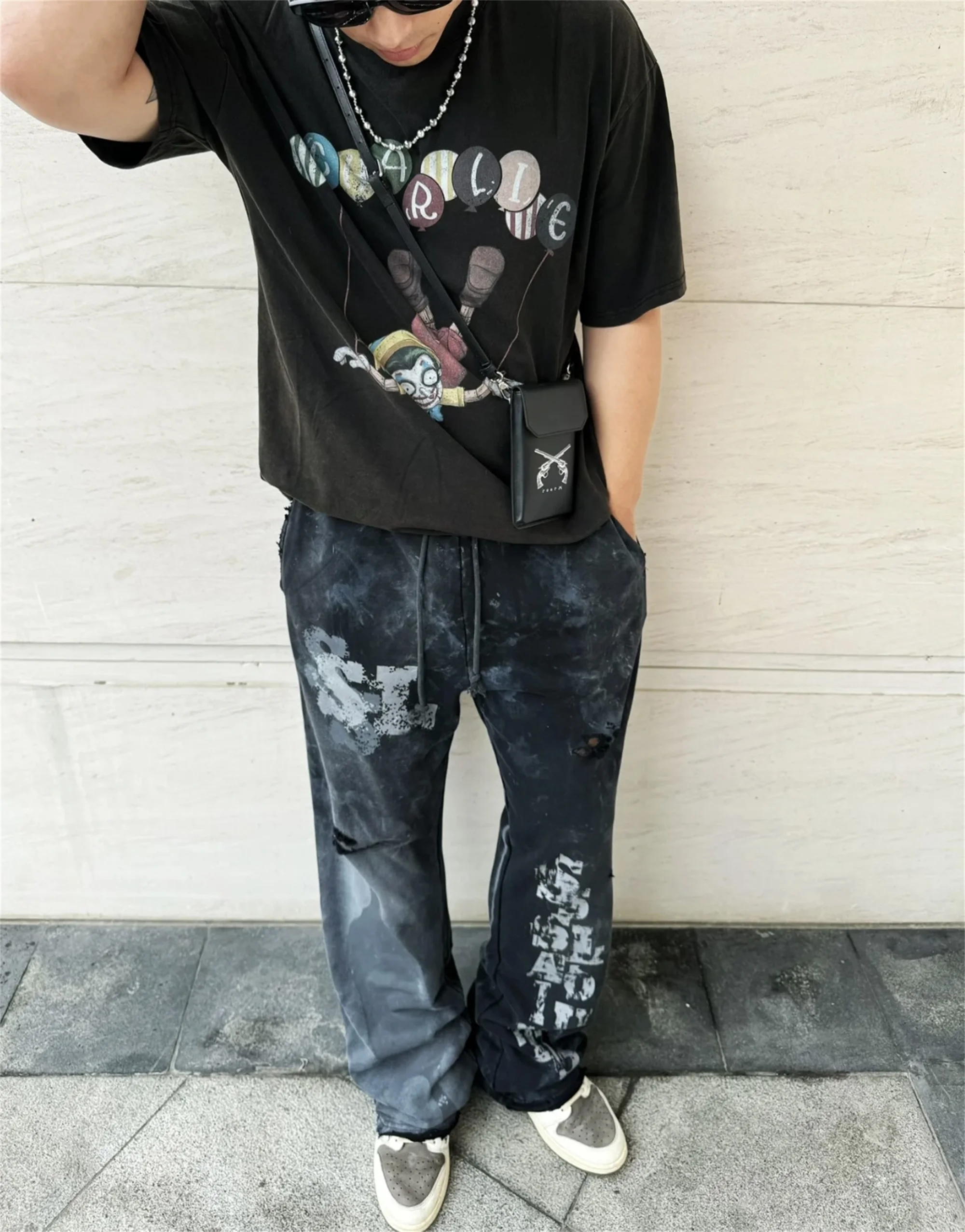 New Arrival SSAINT LOUIS Dirty Old Graffiti Printed Drawstring Sanitary Pants Casual Sport Pants