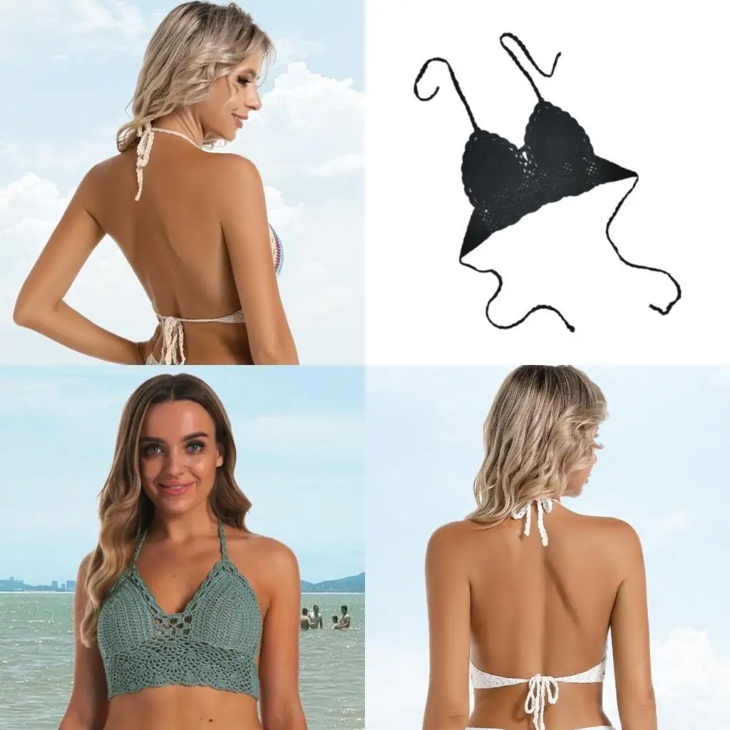 

Y1UC Crochet Swimsuit Top for Women, Handmade Crochet Halterneck Crop Top