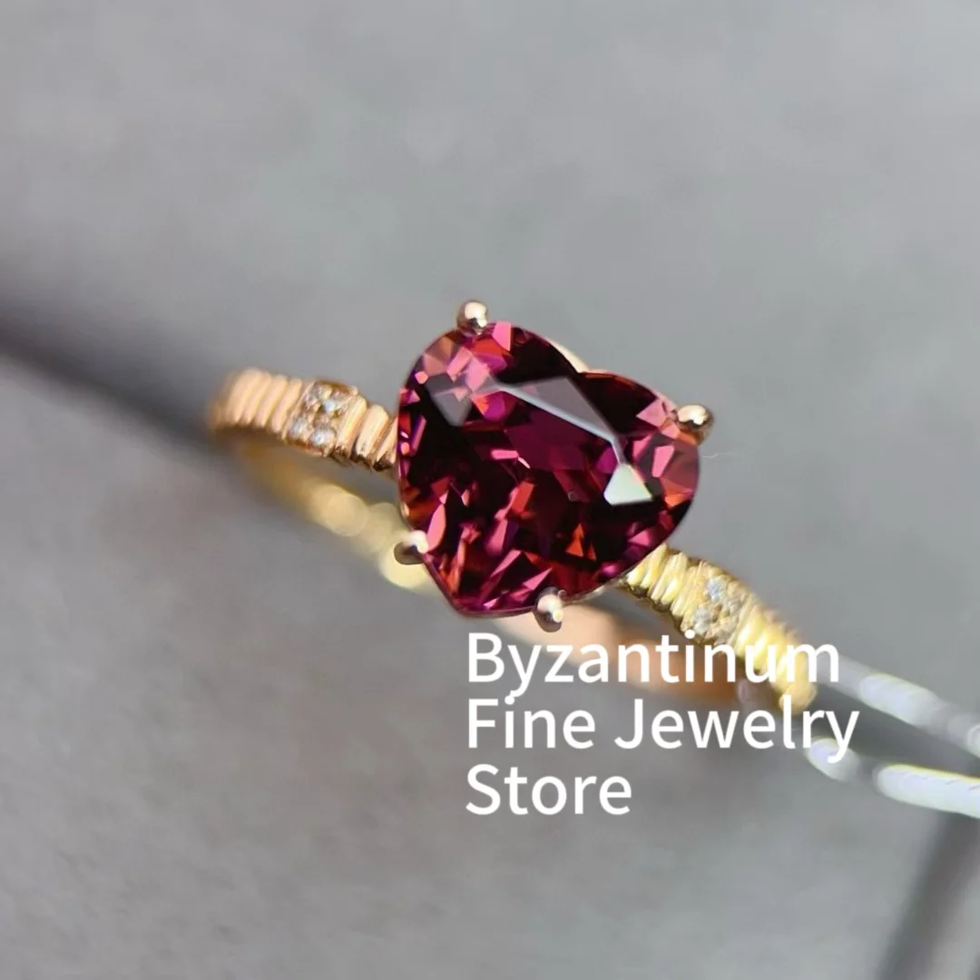 Certificate 18K Real Gold Natural Heart Cut Tourmaline Diamond Wedding Ring AU750 Engagement Bridal Jewel