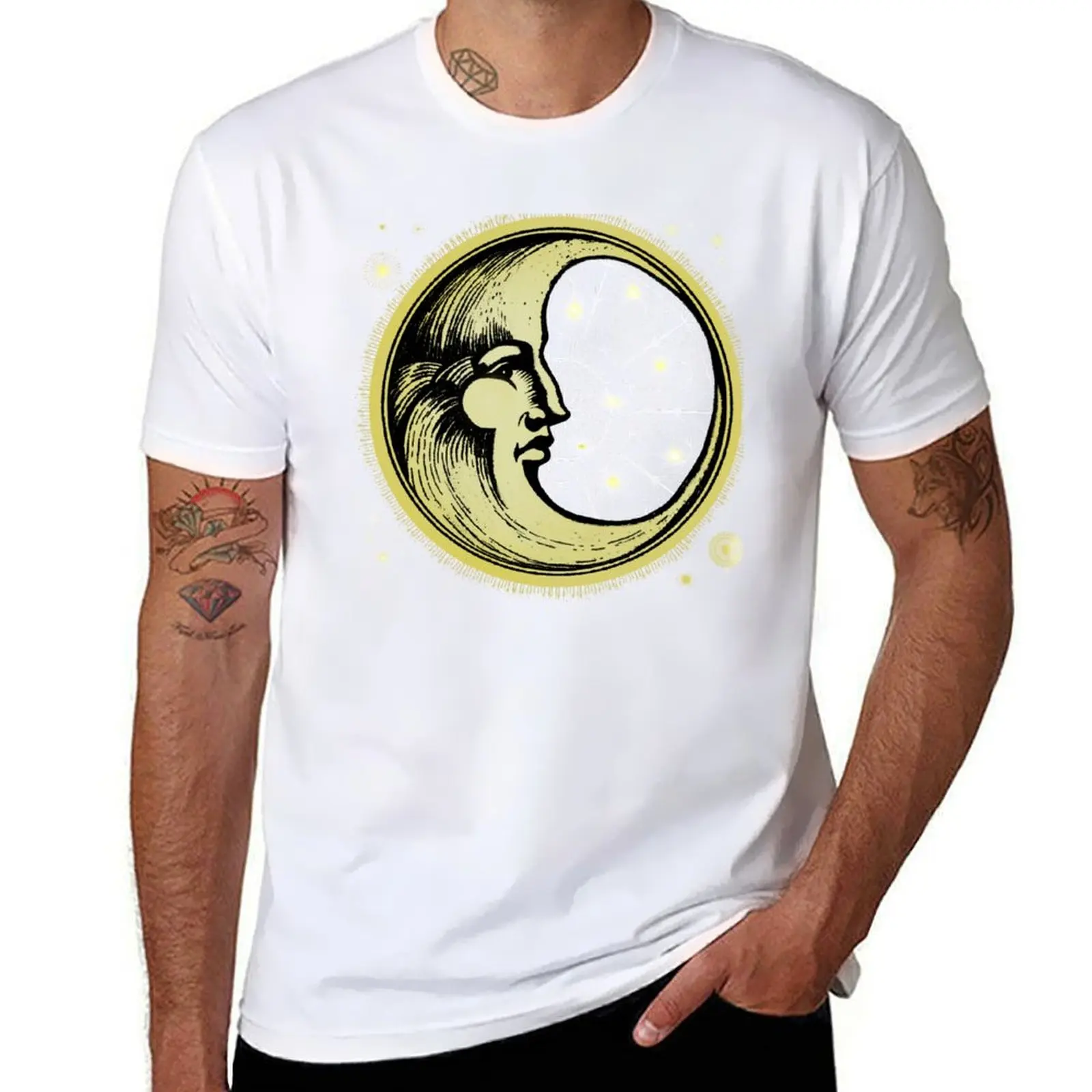 

Celestial Antique Man In The Moon Watercolor Batik T-Shirt t shirt for man cotton t shirt man T-Shirt