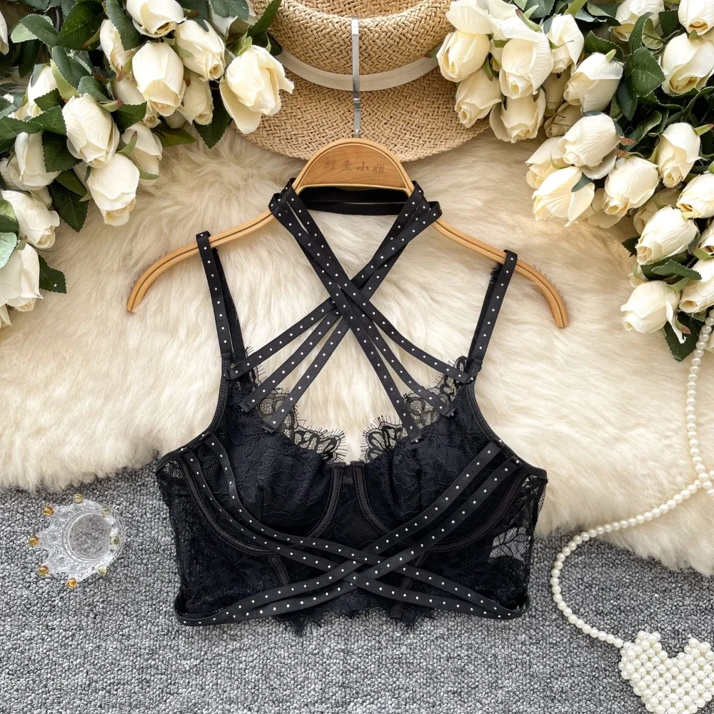 Women Hotsweet Lace Mesh Rhinestone Sexy Criss-Cross Halter Slim Straps Tank Camis Top Fashion Streetwear High Street Clothing