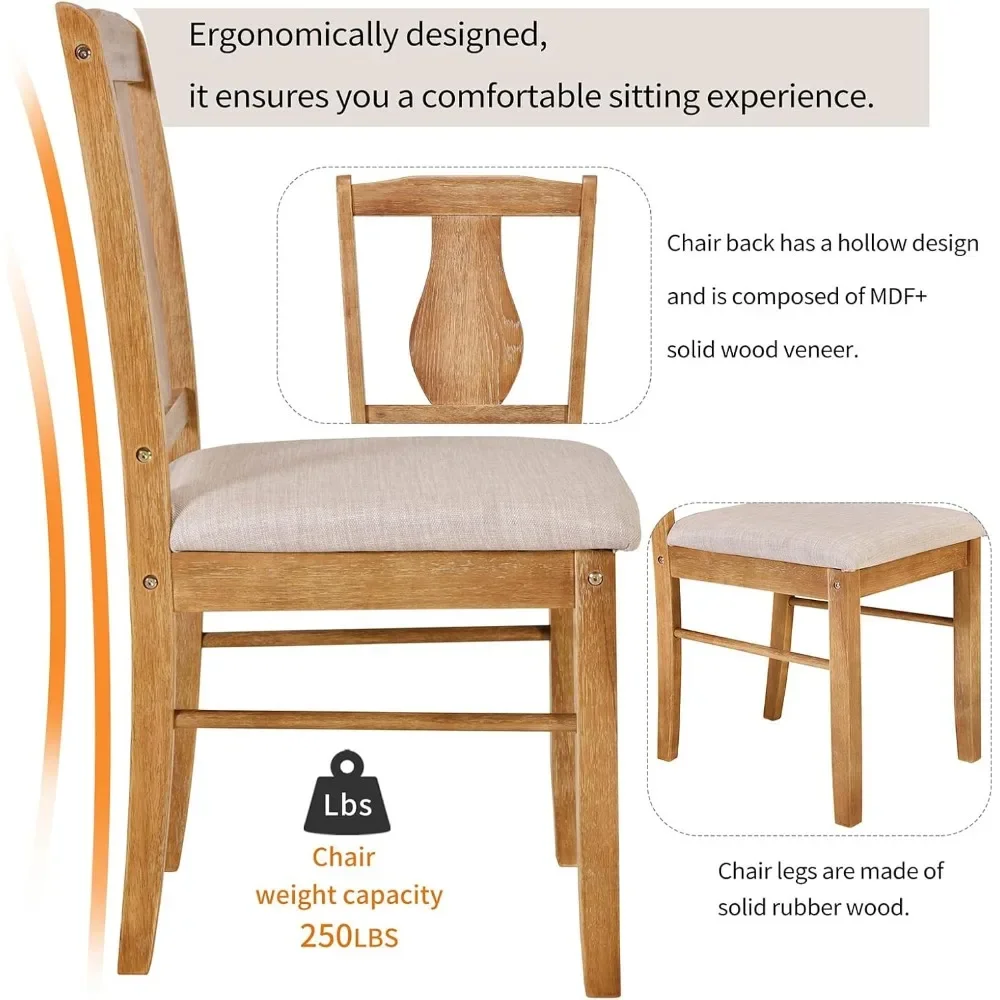 5-Piece Dining Table Set, Rectangular Dininer Table with 4 Upholstered Chairs for Family, Retro Solid Wood Dining Room Set