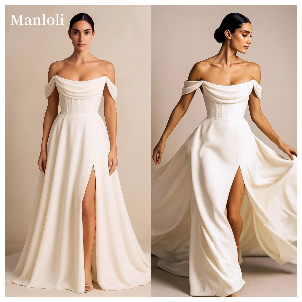 

Простое свадебное платье трапециевидной формы с открытыми плечами. Милое и мягкое атласное платье невесты. Платье для свадебной вечеринки с разрезом по бокам.