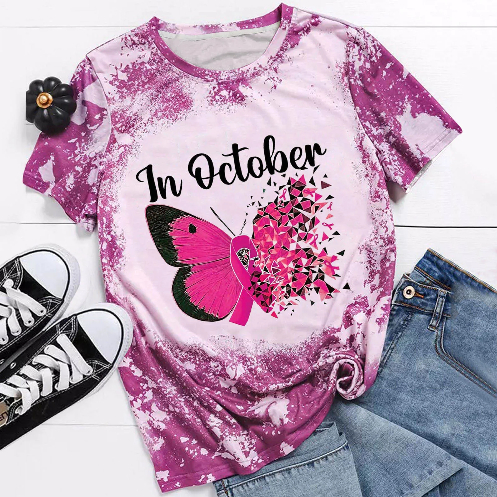 Breast Cancer Prevention Tie Dye Butterfly Printed O-Neck T Shirt Women Casual Short Sleeve Clothes Tops Fashion Tees In October