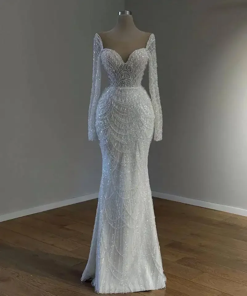 First White Customized White Mermaid Wedding Dresses Detachable Train Long Sleeves Pearls Wedding Vestido Blanco Brides Dresses