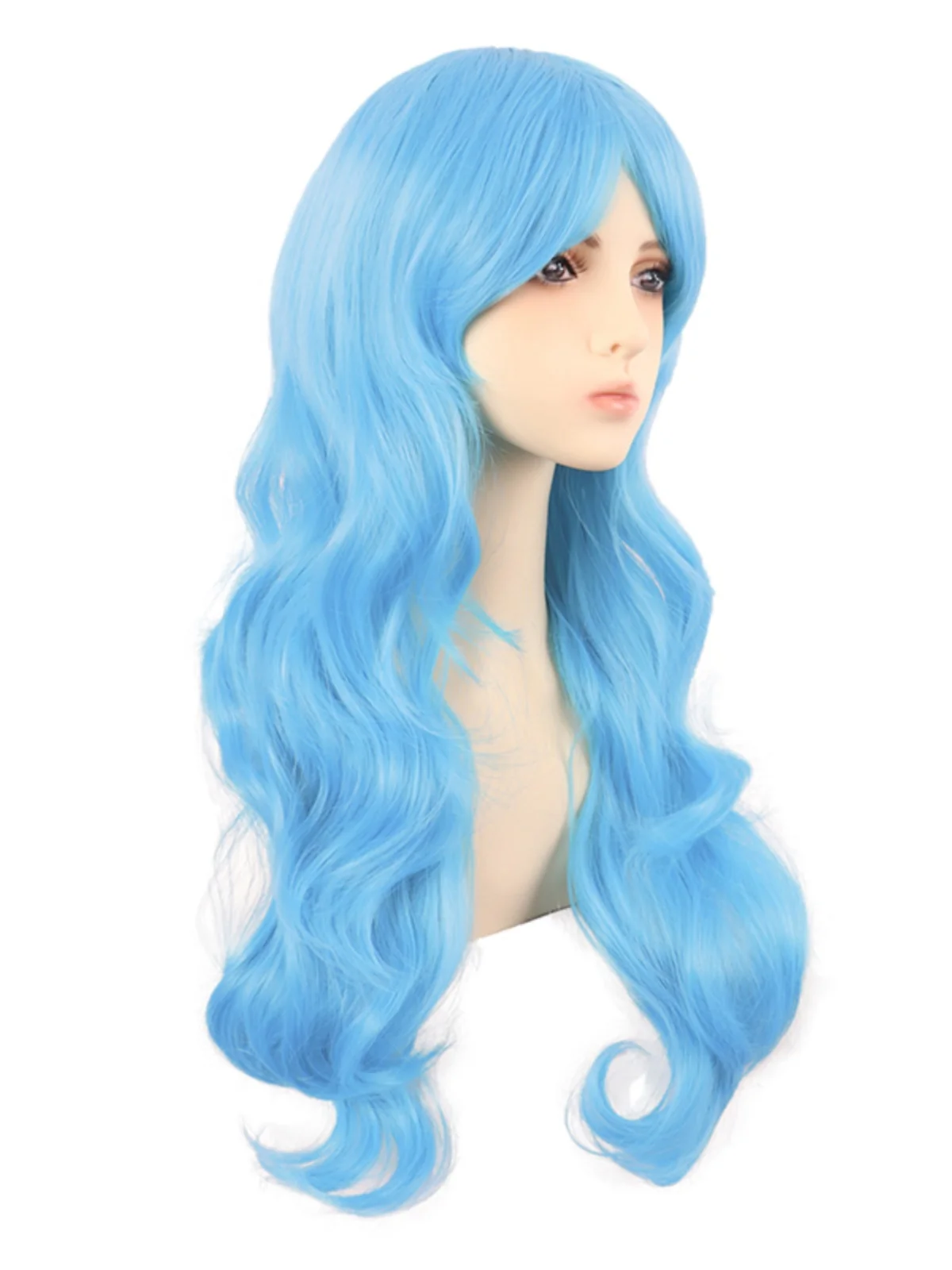 Cos Wig Female Long Hair Anime Big Wave Curly 70cm Light Blue Sky Qi Side Bangs Headgear