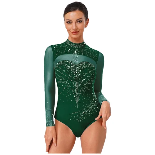 Imagen 2 del producto Traje de Jersey de Ballet para patinaje artístico y gimnasia para mujer, mono de leotardos con diamantes de imitación brillantes, trajes de actuación de baile