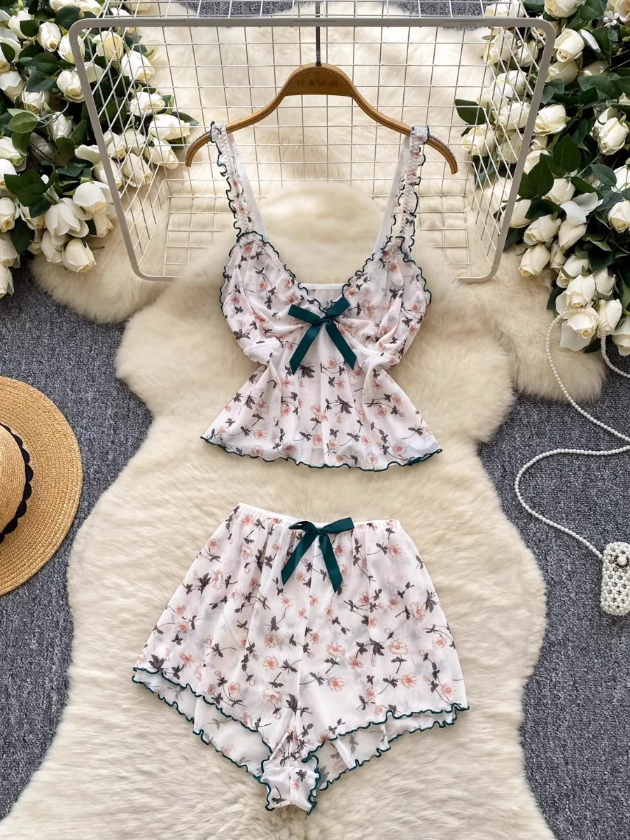 

Foamlina Bow Floral Halter Top & High Waist Shorts Women Summer Dopamine Pure Desire Wide Leg Hot Outfit Set 2 Pieces Suit