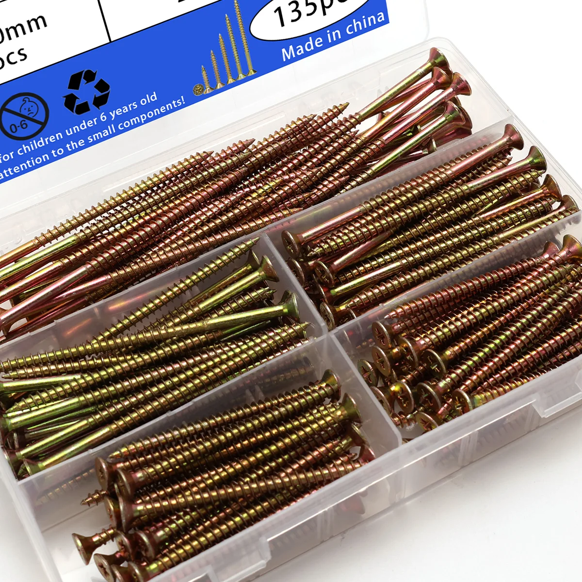 135pcs color zinc M5 self tapping screw combination kit | 60-100mm metric wood screws | DIY and woodworking projects