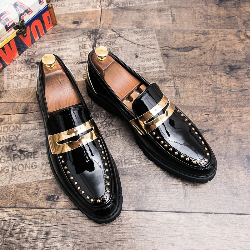

Men Fashion Loafers with Shiny Leather and Thick Soles Casual Business Dress Shoes Gentlemen Social Shoes Sizes 38-46 Men Shoes